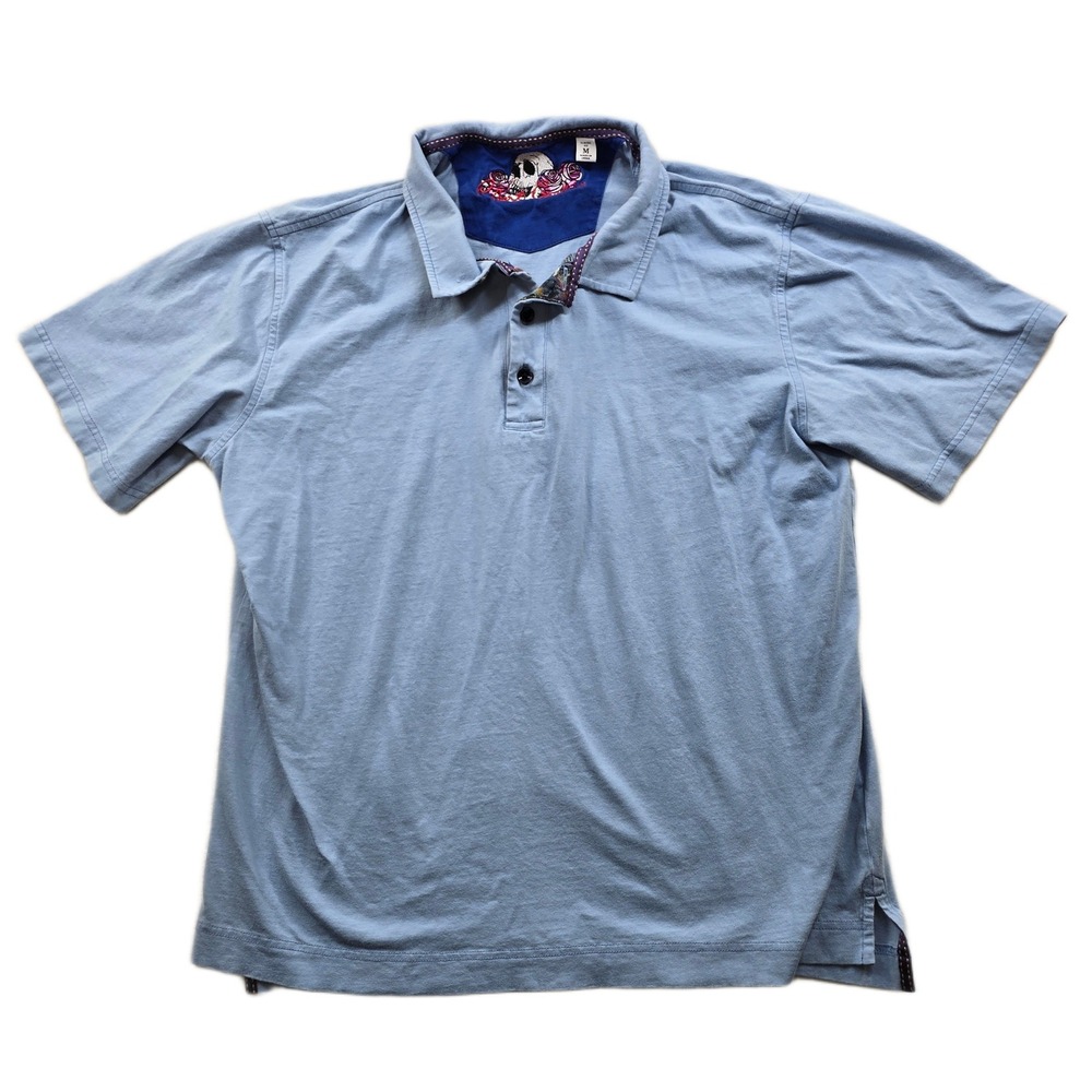 Robert Graham Polo Shirt‎ Mens Small Medium Blue Cotton Short Sleeve Skull Roses